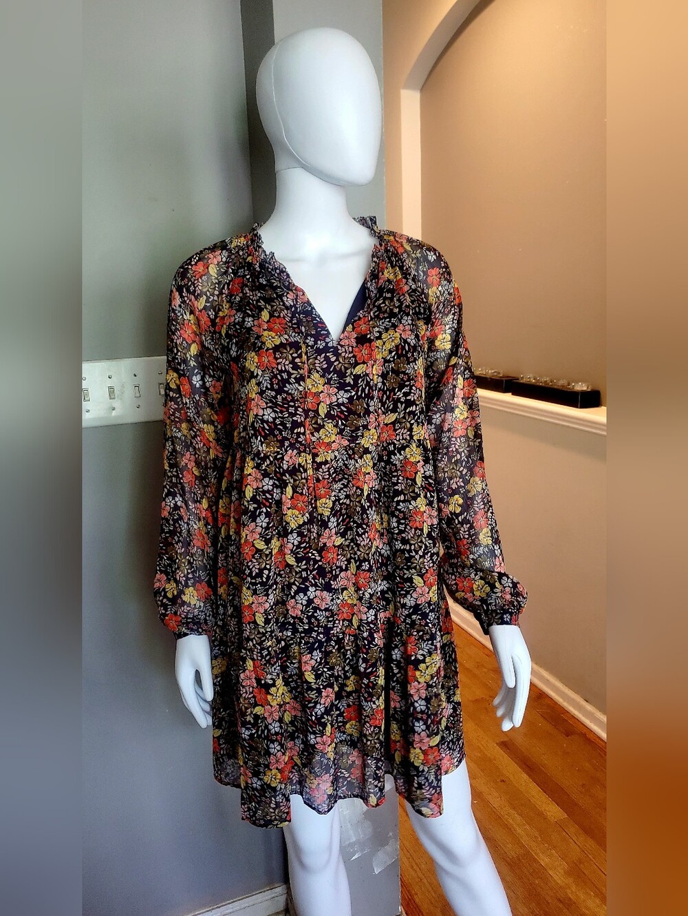 LOFT Navy Floral Tiered Long-Sleeve Tunic Dress with Orange & Yellow Blooms